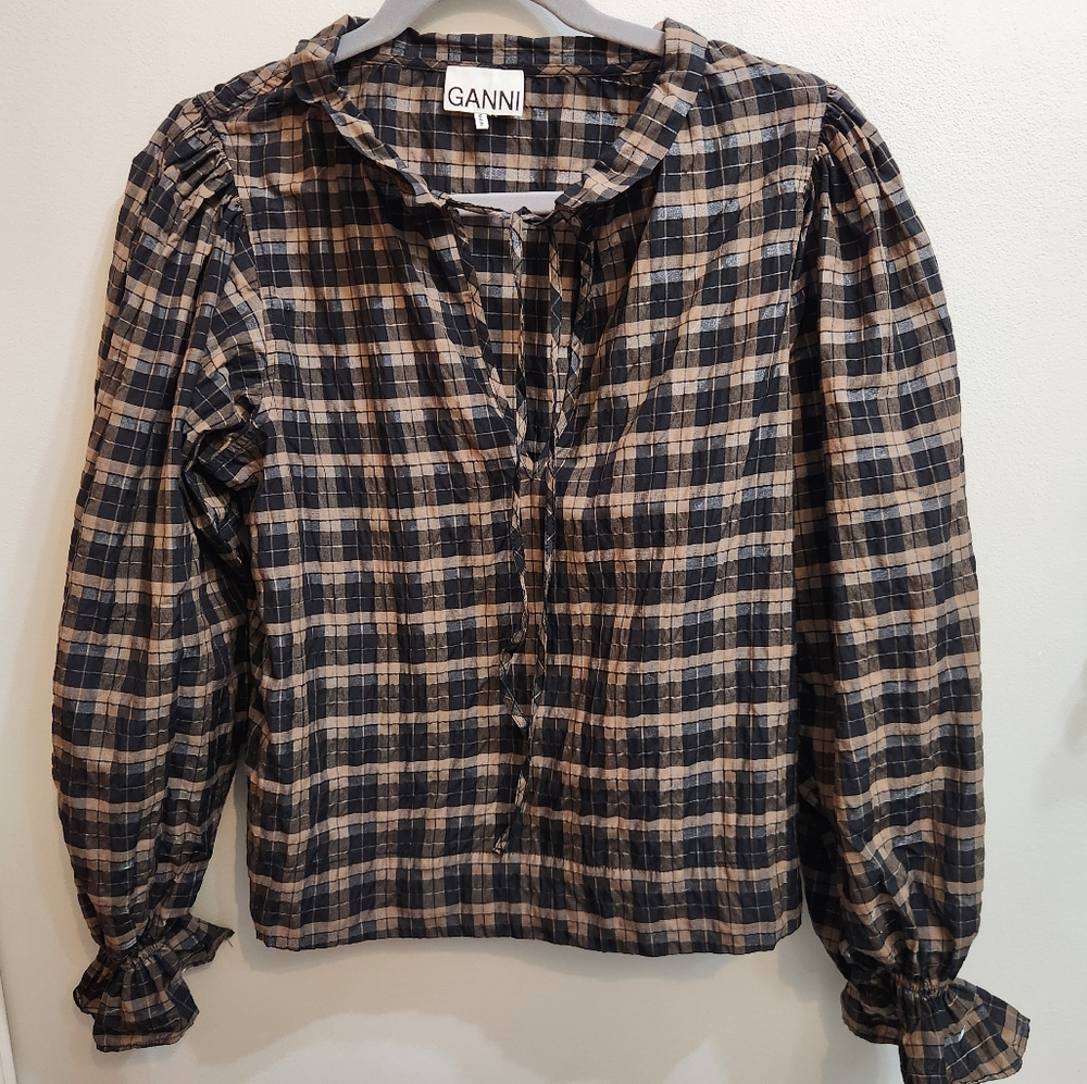 GANNI V neck Plaid Blouse Size Small